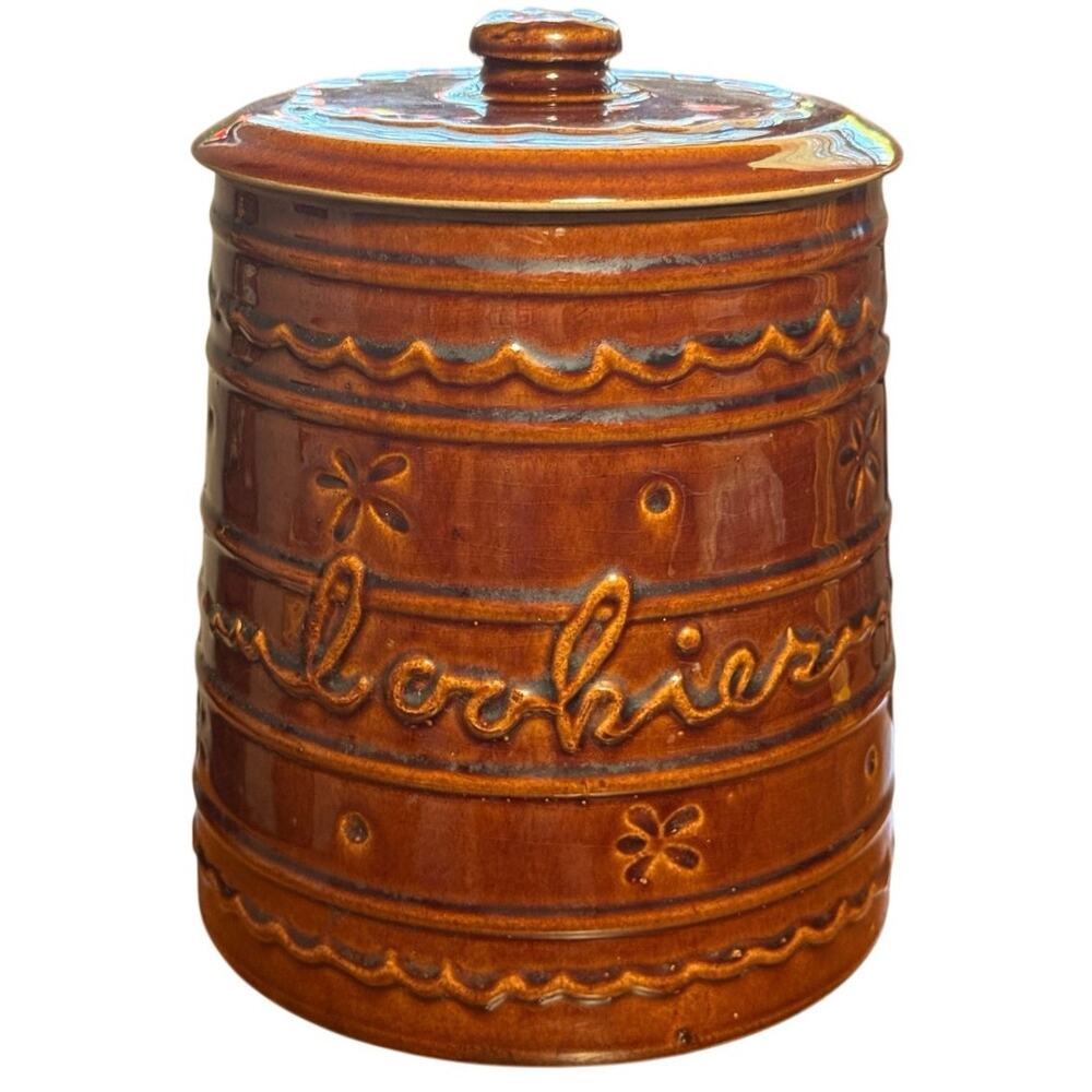 Vintage Marcrest Daisy and Dot Brown Stoneware Cookie Jar 1950s Oven Proof